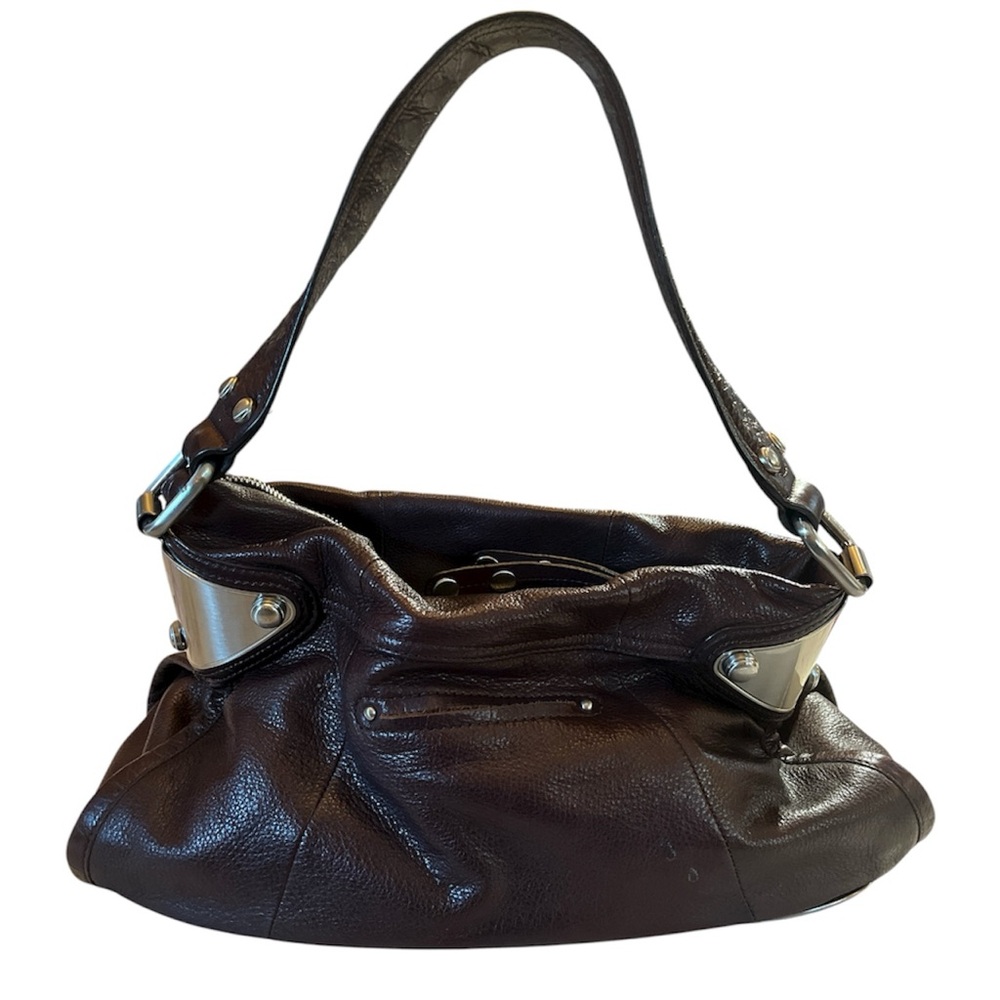 B. Makowsky Dark Brown Slouchy Brown Leather HoBo Shoulder Bag Metallic Details - Picture 5 of 17